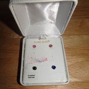 14kt. Gold Created Stones Red~Blue Stud Earrings